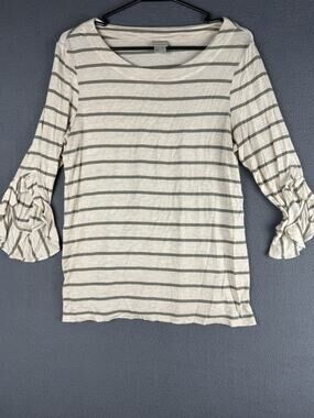 Chicos Size 0 Small 3/4 Sleeve Ruffle Cuff Shirt Rayon Stretch Top Beige Striped